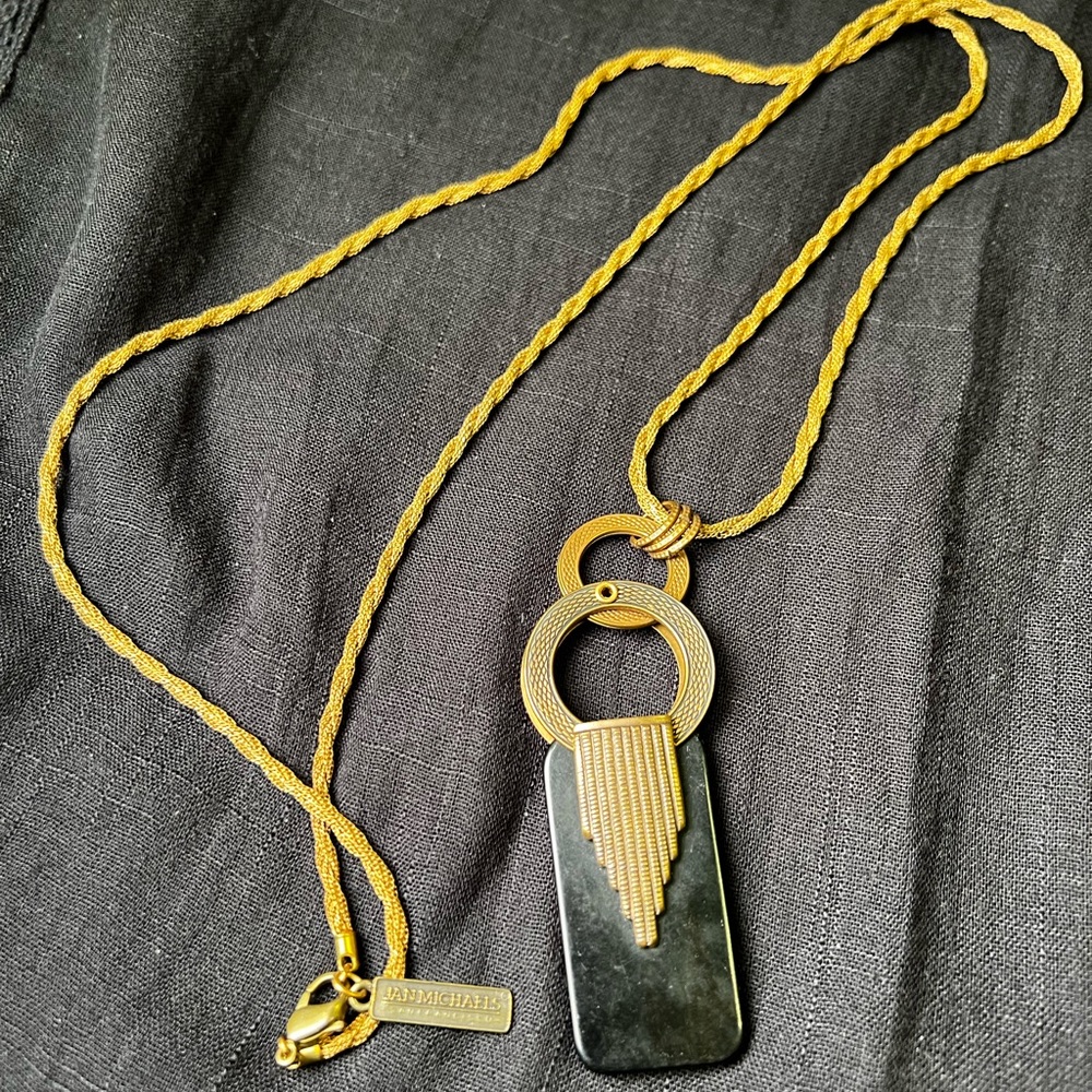 Jan Michaels Gold and Black Necklace 1970s with Elegant Deco Style Pendant